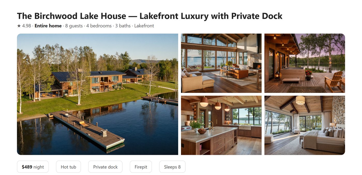 A sample vacation-rental listing page showing a photo grid of the Birchwood Lake House