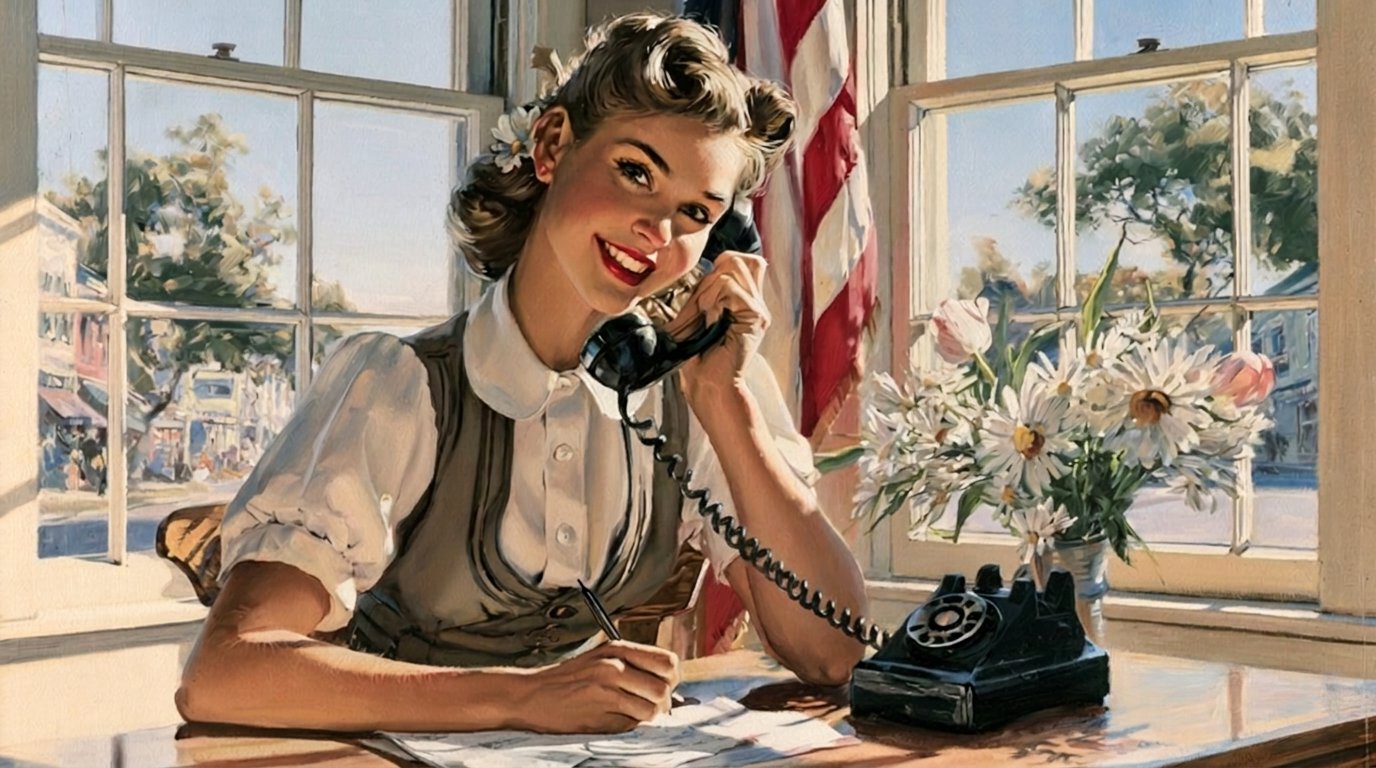 Sky, the Founders Web assistant, smiling as she answers the phone at her sunny desk